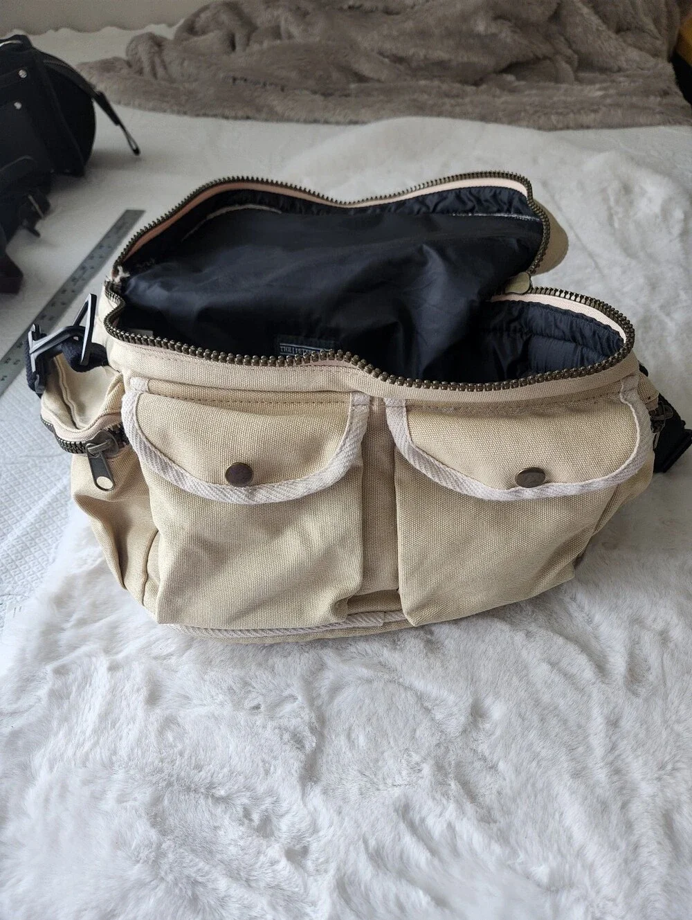 J. Peterman Beige Canvas Messenger Bag with Front Flap Pockets